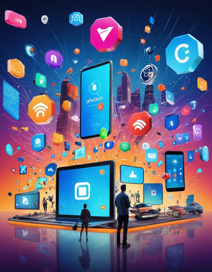 A dynamic scene depicting a diverse group of people engaging with digital devices, surrounded by floating icons representing various types of insurance (like health, auto, and home). Each person appears intrigued and empowered by the technology, showcasing a blend of modern urban and technological elements. The background features a blend of bright colors and abstract digital patterns, symbolizing innovation and customization. super-realistic. vibrant colors. modern style.