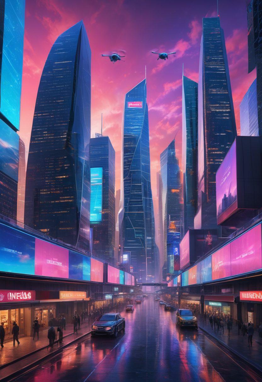 A futuristic city skyline with shimmering skyscrapers reflecting advanced technology, showcasing various insurance technologies like drones delivering documents, holographic interfaces for customer interactions, and virtual reality insurance consultations. Blend in symbols of coverage like shields and safety nets incorporated into the architecture. The scene bathed in vibrant neon lights under a twilight sky. super-realistic. vibrant colors. futuristic. 3D.