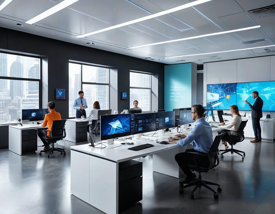 A futuristic office environment where technology and insurance meet, showcasing a diverse group of people engaging with interactive screens displaying insurance options and benefits. Include virtual reality headsets and holographic displays, emphasizing remote services. Bright lighting and a modern design create an inviting atmosphere. super-realistic. vibrant colors. 3D.